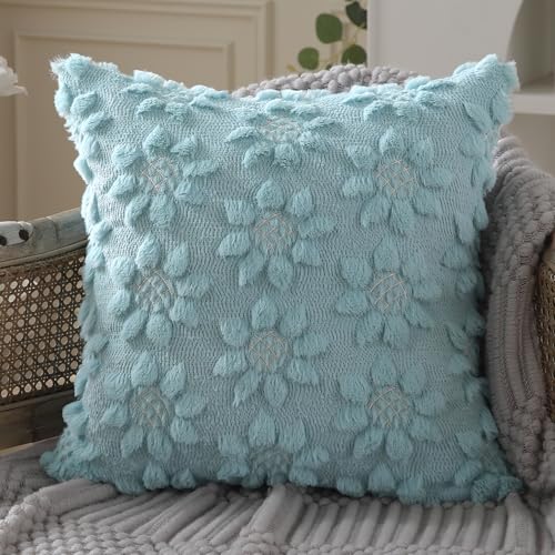 DFXSZ Spring Summer Pillow Covers 18x18 inch Set of 2 Farmhouse Decor White Flower Heart Sunflower Blue Soft Plush Faux Fur Jacquard Throw Pillows for Sofa Holiday Spring Home Decor PTK024G18 - color: Blue, size: 18" x 18" (Pack of 2)