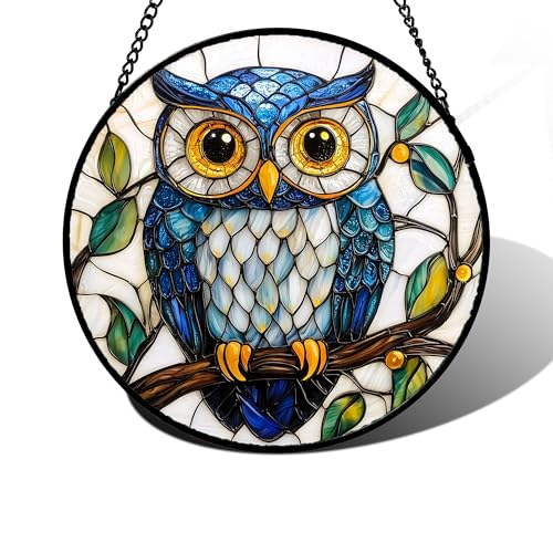 DASTOLL Stained Glass Window Hanging, Owl Gifts for Women Sun Catchers Diamond Glass Panel Hangings Birds Suncatcher Decor for Birthday for Women, Men, Wife, Aunt,and Mom 7.8X7.8IN - color: Blue, size: 7.8x7.8 IN