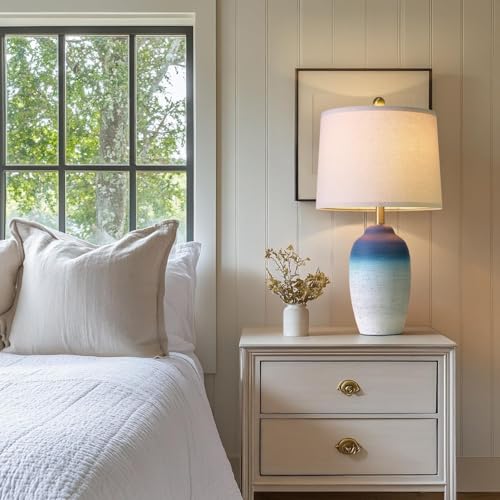 USumkky 24.5" Vintage Ceramic Table Lamp with 5FT Cord - Single Farmhouse Rustic Bedside Lamp with Natural Textured Finish, Nightstand Lamps for Living Room, Bedroom, End Table, Office White and Blue - color: 24.5" Office White & Blue
