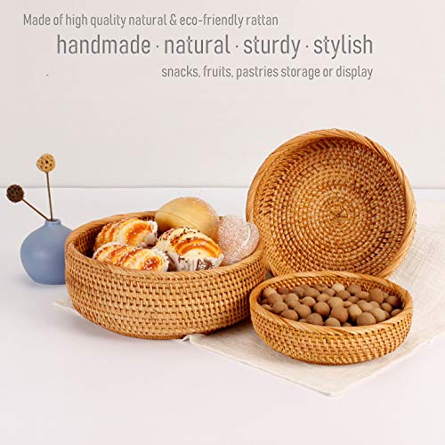 3 Pack Hadewoven Round Rattan Fruit Basket Wicker Food Tray Weaving Storage Holder Dinning Room Bowl, 10 Inch Small Wicker Basket Serving Tray Woven Basket for Bread,Snack,Brown(3-Size Kit) - size: 3-Size Kit (Includes 10")