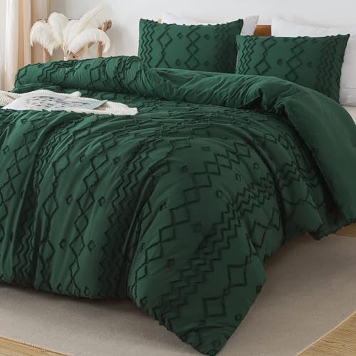 Andency King Size Comforter Set, 3 Pieces Dark Emerald Green Boho Tufted Geometric Shabby Chic Bedding, Soft Fluffy Farmhouse Bed Set, Jacquard Textured Comforter for All Season (104x90 Inch) - color: 02 - Emerald, size: King(104"x90")