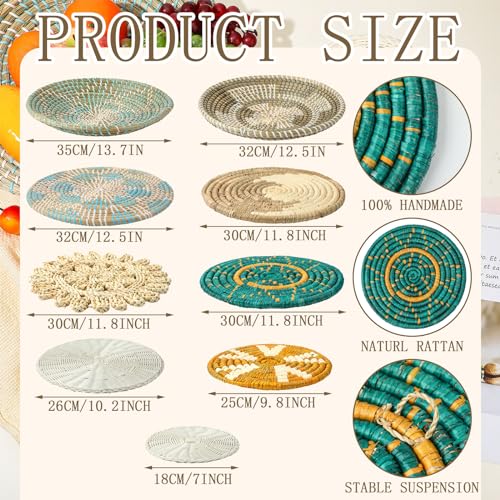 Tatuo 11 Pcs Boho Wall Basket Decor Bulrush Woven Wall Hanging Art Round Farmhouse Rustic Handmade Wicker for Summer Home, Bedroom, Living Room, Kitchen Decorations, Multi Sizes(Bright) - style: Bright