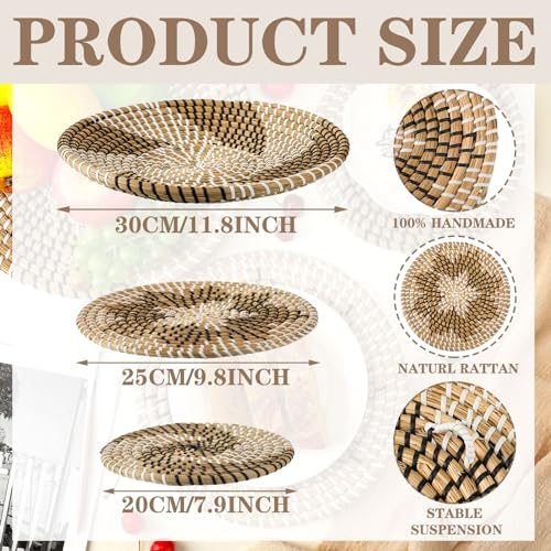 Glenmal 3 Pcs Boho Wall Basket Decor Decorative Bulrush Woven Basket Wall Decor Art Farmhouse Handmade Hanging Baskets with African Design for Living Room Display Table Settings Kitchen Home(Classic) - style: Classic