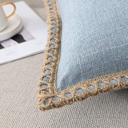 NordECO HOME Set of 2 Farmhouse Throw Pillow Covers - Burlap Linen Trimmed Tailored Edges Decorative Cushion Covers for Bed Home Decoration, 18 x 18, Blue - color: Light Blue, size: 18" x 18" (Pack of 2)