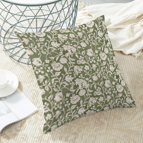 Floral Throw Pillow Covers 16x16 Set of 2, Flower Print Linen Decorative Pillow Cover Neutral Vintage Decoration Outdoor Cushion Cover Sage Green Floral Pillowcase for Sofa Couch Farmhouse Room - color: Print Green, size: 16" x 16" (Pack of 2)