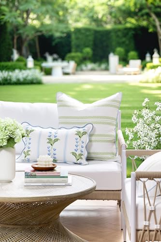 Hofdeco Premium Grandmillennial Coastal Hampton Patio Indoor Outdoor Lumbar Pillow Cover Only, 12"x20" Water Repellent for Backyard, Couch, Poolside, Blue Green Print Striped Lily of the Valley - color: Blue Grass Green Watercolor Striped Lily of the Vall
