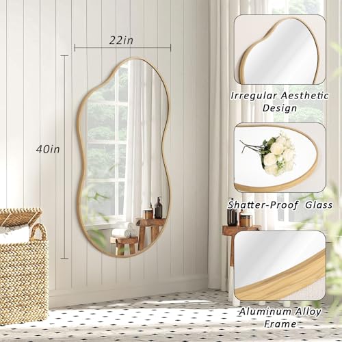 JJUUYOU Asymmetrical Mirror with Metal Frame Irregular Bathroom Mirror Decorative Wall Mirror Large 22"x40" Vintage Mirrors for Living Room Bathroom Bedroom Entryway Wall Decor - color: Wood, size: 40"L x 22"W