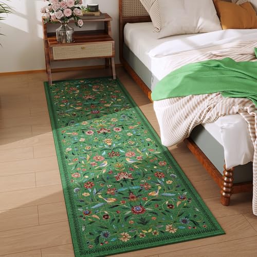 Vintage Medallion Floral Kitchen Runner 2x6, Machine Washable Rug, Soft Low Pile, Non-Slip Carpet for Hallways, Laundry, Bedroom, Bathroom, Entryway | Green - color: Green, size: 2' x 6' (Rectangular)