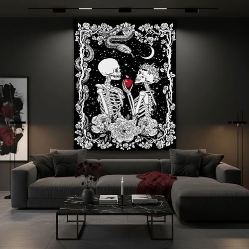 Accnicc Skeleton Lovers Tapestry Gothic Skull Vertical Tapestries Wall Hanging Black and White Floral Plant Snake Horror Large Tapestry for Bedroom Living Room Dorm 80 x 60 inch - color: Black, size: 80"L x 60"W