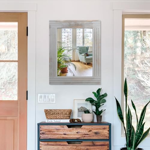 Rustic Mirror Wooden Frame Rectangular Antique Wall Mirror Decor Farmhouse Bedroom Dresser Bedroom Entryway Mirror Large Light Gray 20"x16" - color: Rustic Gray, size: 20"L x 16"W