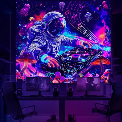 Apdidl Blacklight Space Astronaut Poster Tapestry for Bedroom, Black Light Cool Galaxy Funny DJ Music UV Reactive Tapestries, Glow in the Dark Universe Mushroom Plants Jellyfish Wall Hanging for Boys Men 51"X60" - color: Space Blacklight Tapestry, size: 6