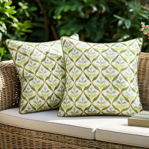 MIULEE Floral Decorative Pillow Covers Set of 2,Block Print Throw Pillowcases Outdoor Boho Farmhouse Vintage Summer Accent Cushion Covers for Couch paito Garden Sofa Bed 20x20 Inch, Green - color: Green, size: 20" x 20" (Pack of 2)