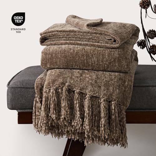 EVERGRACE Soft Polyester Throw Blanket for Couch, Cozy Plush Fuzzy Decorative Polyester Knit Throw Blanket with Tassels,Lightweight Blanket and Throws for Bed Sofa Gift Home Decor, Mocha Brown 50"x60" - color: Mocha Brown, size: 50"x60"