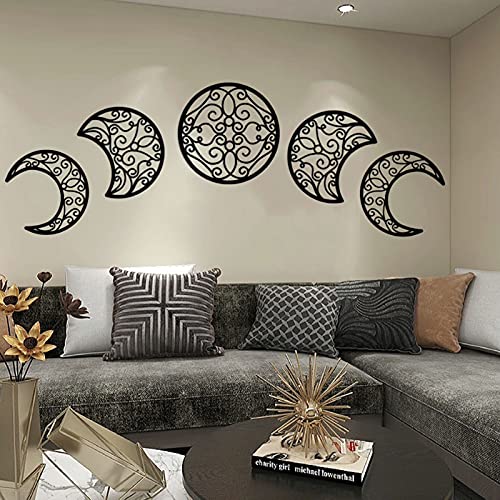 ASMANNA 5 Pieces Moon Decoration Wall Decoration Wooden Moon Phase Wall Hanging Bohemian Style Bedroom Home Wall Decor Bohemian Lunar Aesthetic Art for Bedroom Living Room Dorm Apartment Office(black) - color: 1Black