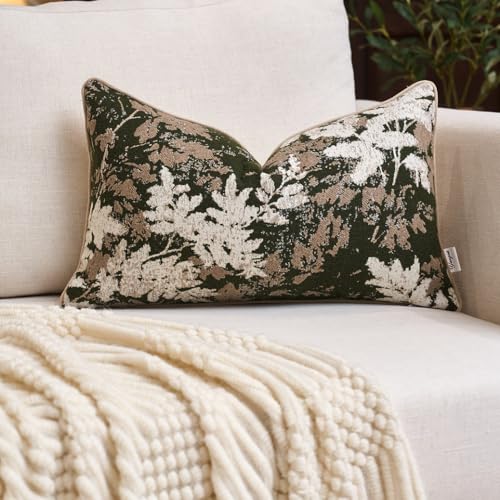 Yangest Neutral Leaf Pillow Cover 12 x 20 Inches, Vintage Chenille Rectangle Throw Pillow Cover Soft Leaves Nature Accent Couch Pillow Cover for Living Room Bedroom, Green - color: Green, size: 20" x 12" (Pack of 1)