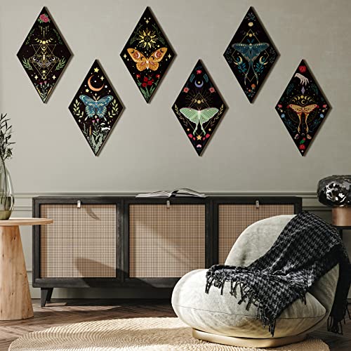 Sintuff 6 Pieces Gothic Wall Decor Boho Sun Moon Phases Wall Art Gothic Minimalist Stars Sun Hanging Wooden Home Decor Farmhouse Pediments for Gallery Living Bedroom Room(Butterfly) - style: Butterfly
