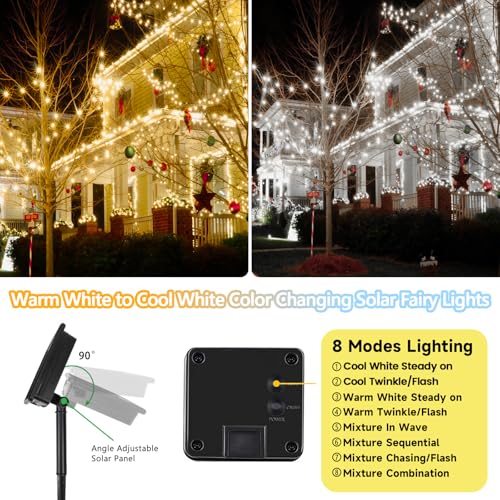 Warm White and Cool White Color Changing Solar String Lights for Outside, 2 Pack 400LED Solar Fairy Lights Outdoor Waterproof, Copper Wire with 8 Modes Solar Twinkle Lights for Tree Garden Party - color: Warm White to Cool White, size: 2 Pack-400LED