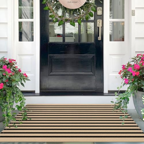 IOHOUZE Striped Area Rug 2.3'x3.6' Front Door Rugs Small Washable Area Rug for Front Porch, Spring Summer Welcome Door Mats Outdoor Indoor, Doormat for Entryway Porch Entrance, Tan/Black - color: Tan/Black Stripe, size: 2'4" x 3'8" (Rectangular)