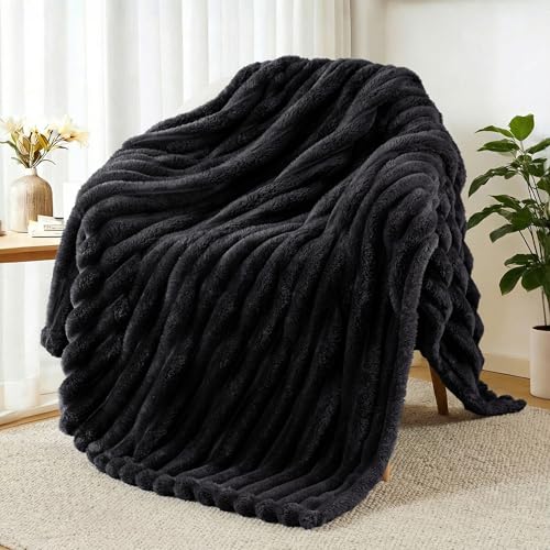 Exclusivo Mezcla Fleece Throw Blanket for Couch, Super Soft Striped Jacquard Bed Blanket, Lightweight Fuzzy Cozy for All Seasons, 50x60 Inches, Black - color: Black, size: Throw ( 50x60 IN )