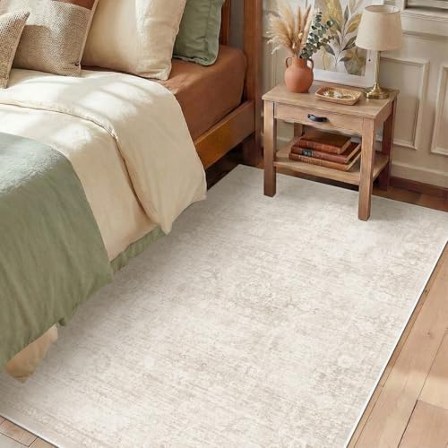 Homemate Washable Rug 4x6 Area Rugs - Vintage Faux Wool Rugs for Living Room Bedroom Dining Room - Non Slip Foldable Carpet Indoor Area Rug for Home Decor（4'x6', Beige - color: Beige, size: 4x6 ft