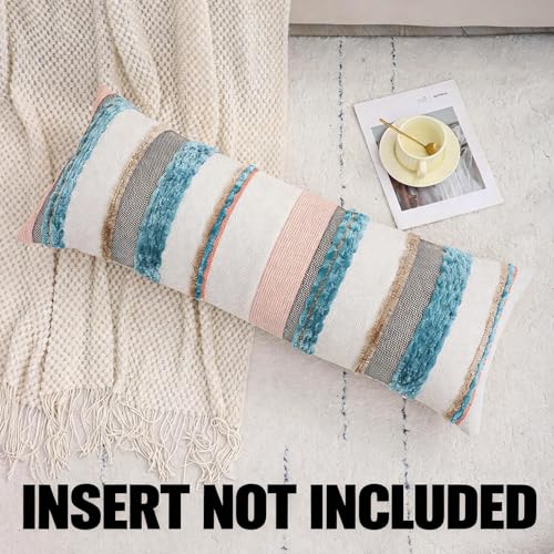 Coastal Lumbar Pillow Cover 14x36 Boho Farmhouse Turquoise Blue Throw Pillow Cover Striped Decorative Pillow Case Accent Chenille Pillowcase Patterned Cushion Case Home Decor(1 Piece) - color: Blue Stripe, size: 36" x 14" (Pack of 1)