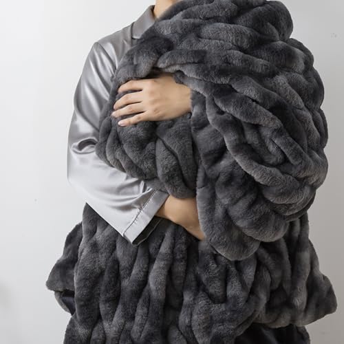 WDCOZY Ruched Faux Fur Throw Blanket Soft Cozy Fluffy Luxurious Blankets Couch Bed Sofa Chair Home Decor Warm Furry Fall Winter Plush Rabbit Fur Bubble Blanket 50" x 60", Charcoal Gray Dark Grey - color: Dark Grey, size: Throw (50" x 60")