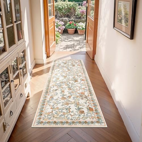 jinchan Eden Floral Washable Runner Rug 2x5 Vintage Hallway Rug Non-Slip Lightweight Soft Thin Kitchen Low Pile Distressed Orange Fall Decor Carpet for Bathroom Laundry Room Bedroom Entryway - color: Eden Orange, size: 2' x 5' (Runner)