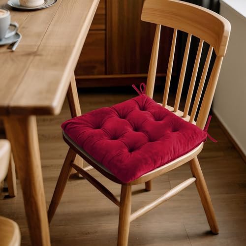 ELFJOY 4 Pack Chair Cushions for Dining Chairs Chair Pads Cushion for Kitchen Office Tufted Square Seat Cushion with Ties (16" Burgundy Velvet) - color: Burgundy Velvet