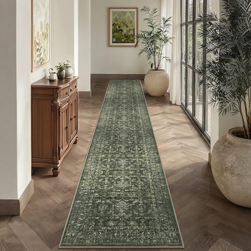 2x12 Green Runner Rug Hallway Washable Area Rugs Kitchen Vintage Boho Non Slip Long Rug Floral Carpet Indoor Retro Soft Low Pile Throw Rug for Bedroom Bathroom Laundry Dining Living Room Office - color: Dark Green, size: 2' x 12' (Runner)