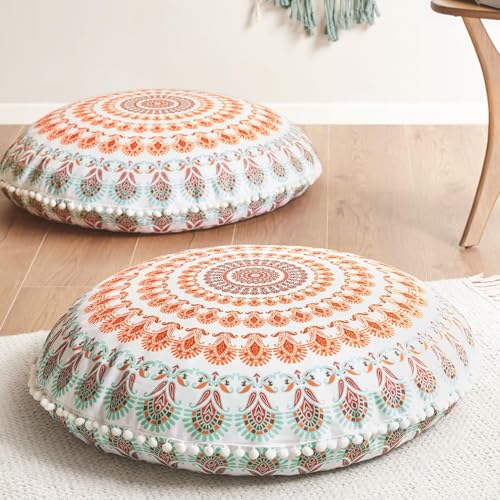 Codi Floor Pillows for Adults & Teens Set of 2, Large Boho Meditation Cushions with Memory Foam, Round Mandala Seating for Yoga, Home Office, Dorm Room, Washable, 32 Inch, Coral - color: Round | Coral, size: 2 Count (Pack of 1)
