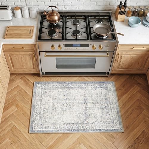 FMFUNCTEX Entryway Rug 2x3 Blue Washable Neutral Vintage Distressed Oriental Door Mat Non Slip Low Pile Indoor Carpet Soft Retro Small Throw Area Rugs for Entry Entrance Bedroom Kitchen Bathroom - color: Blue, size: 2' x 3' (Rectangular)