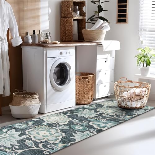 Beeiva Floral Carpet Runner Non Slip, Vintage Washable 2.5x12 Rug Runners for Hallways Non Slip, Ultra Thin Printed Distressed Blue Hallway Rug for Bedroom Bathroom Laundry - color: Blue, size: 2'5" x 12' (Rectangular)