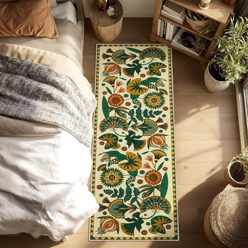 Joydeco Egypt Floral Boho Rug Runners for Hallways Entryway Non Slip, 2x6 Bathroom Kitchen Runner Rugs Non Skid Washable, Vintage Beige Carpet for Entrance Laundry Room Bed Beside - color: Beige, size: 2' x 6' (Runner)