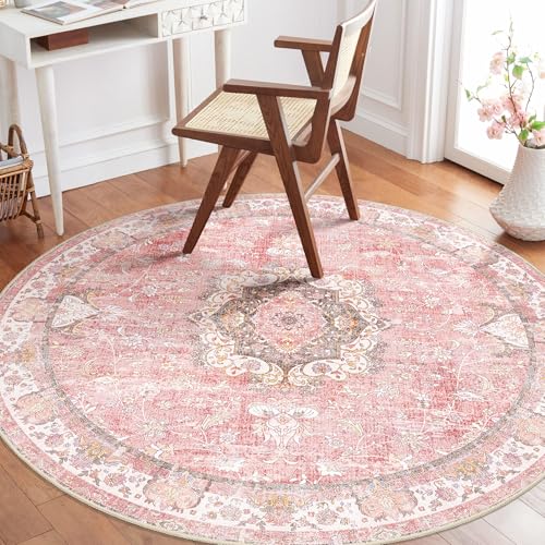 Pink Round Rug 4ft, Circle Washable Area Rugs for Bedroom Bathroom Entryway Kitchen, Small Boho Vintage Bohemian Distressed Oriental Floral Carpet Non Slip,Blush Floral Flowers - color: Pink, size: 4'x4'