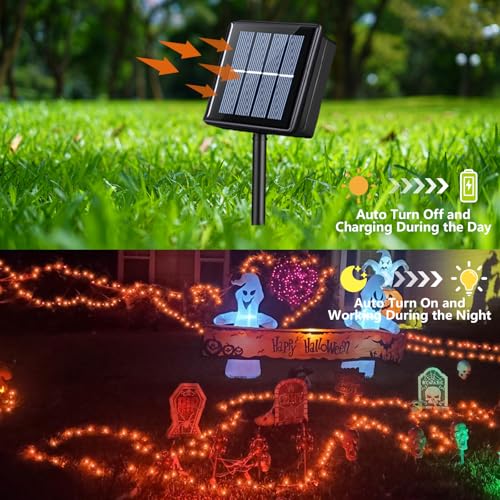 QITONG Orange Solar Fairy Lights, 2 Pack Each 66ft 200 LED String Lights Outdoor with 8 Modes, Silver Wire Solar Halloween Lights for Fall Thanksgiving Decor - color: Orange