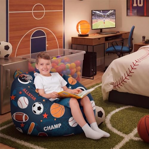 Boao 27'' Large Balls Kids Bean Bag Chairs Cover (No Filling) Washable Stuffed Animal Storage Beanbag Chair for Kids Canvas Bean Bag Cover with Zipper for Boys Organizing Plush Toys Textile Sack - color: Balls, size: 27 Inches