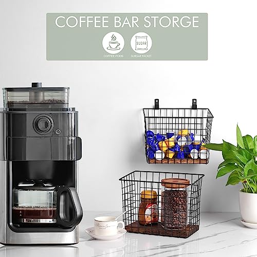 Wall Hanging Baskets 3 Pack, Diversified Wire Basket Shelves of Wooden Style, with Wall Mounted Hooks & Traceless Stickers, for Kitchen Coffee Bar Office Room Garage Storage Organization (Large) - size: Large