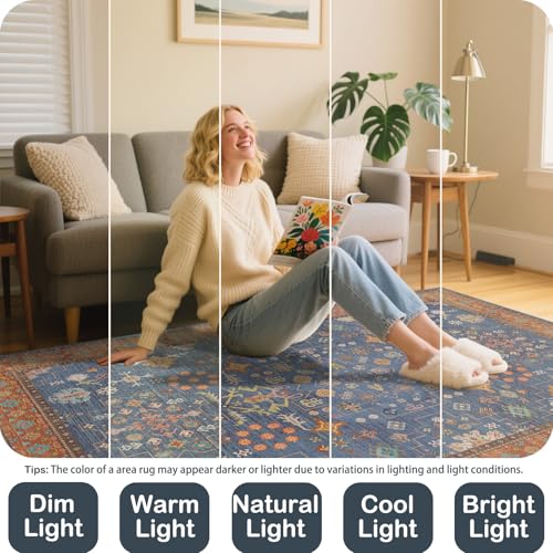 8x10 Washable Area Rugs for Living Room, Non-Slip Stain Resistant Soft Vintage Extra Large Area Rug, Low Pile Indoor Boho Rug for Bedroom Dining Room Farmhouse (Indigo Terracotta) - color: Indigo Terracotta, size: 8' x 10' (Rectangular)