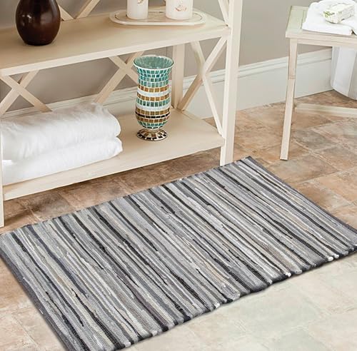 Cotton Hand Woven Chindi Rug 2x3 Feet - Charcoal, Farmhouse Stripe Reversible Throw Indoor Decorative Carpet Ideal for Entryway, Kitchen, Kids Space | Grey Small Area Floor Rag Rugs for Patio - color: Charcoal, size: 2 x 3 feet