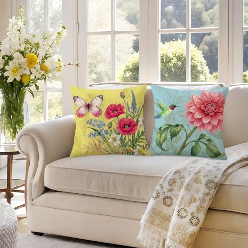 wyooxoo Spring Summer Pillow Covers 18x18 Set of 4 Decorative Throw Pillow Covers Linen Flower Butterfly Farmhouse Pillowcases for Sofa Couch Living Room Outdoor - color: Color B, size: 18" x 18" (Pack of 4)