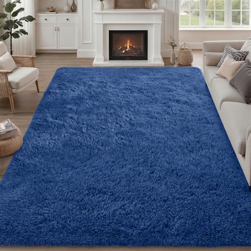 Fluffy Area Rugs 9x12 Living Room Bedroom: Ultra Soft Shag Rug Upgrade Non-Slip Non-Shedding Large Fuzzy Plush Carpet Indoor Floor Carpets for Kids Room Playroom Nursery Dorms Home Decor Blue - color: Blue, size: 9' x 12' (Rectangular)