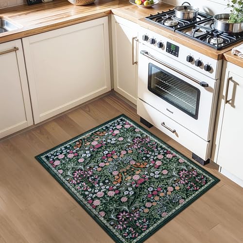 Entryway Rug 2X3 Small Rugs: Floral Washable Door Mat Vintage Soft Low Pile Non-Slip Kitchen Rugs Stain Resistant Indoor Throw Rug for Entrance, Bedroom, Kitchen, Laundry, Bathroom Dark Green - color: Dark Green, size: 2' x 3' (Rectangular)