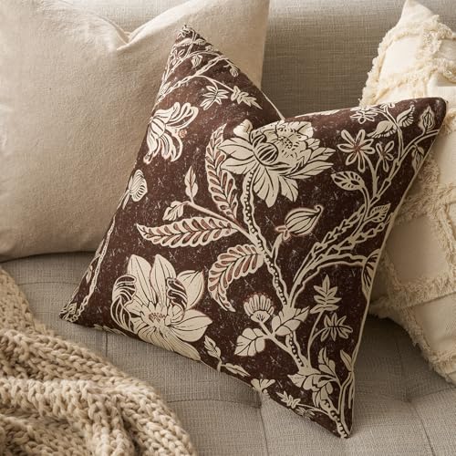MUSSEL Brown Floral Pillow Covers 18x18：Vintage Decorative Throw Pillow Boho Patterned Covers — Neutral Modern Farmhouse Square Cushions Cotton Accent Covers Sofa Bed Living Room Pillowcases Set of 2 - color: Bf-brown, size: 18" x 18" (Pack of 2)