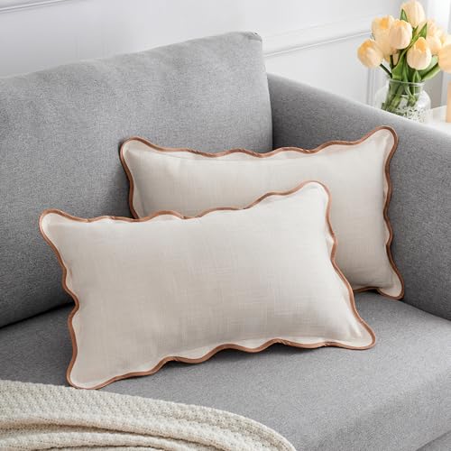 Scalloped Throw Pillow Covers 12x20 Inch Set of 2, Cotton & Linen, Boho Sytle Decorative Couch Bed for Living Room (Beige Pillow & Brown Edge) - color: Beige, size: 20" x 12" (Pack of 2)