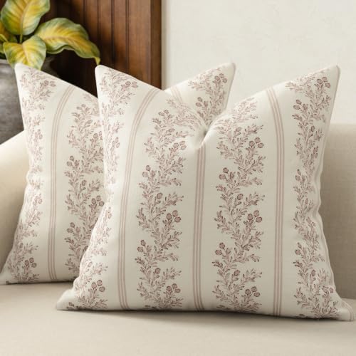 Vintage Throw Pillow Covers 18x18 Set of 2, Striped Floral Pillow Cover Botanical Patterned Decorative Cushion Covers Modern Farmhouse Home Decor for Sofa Couch Bed Living Room, Blush Bloom - color: Blush Bloom, size: 18" x 18" (Pack of 2)
