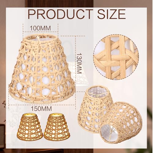 6 Pack Small Rattan Clip on Lamp Shade 4" Top x 6" Bottom x 5" High Boho Shades Natural Rattan Replacement Light Covers Woven Lampshade for Floor Lamps Pendant Light Chandelier Wall Sconces
