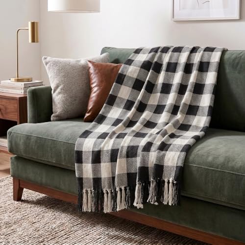 Americanflat 50x60 Throw Blanket - Soft and Breathable Cotton Throw Blanket for Couch, Bed, Chair - Decorative Blankets Perfect for Home, Office, or Outdoor Use - Black, Cream and Beige Plaid Design - color: Black, Cream & Beige Plaid