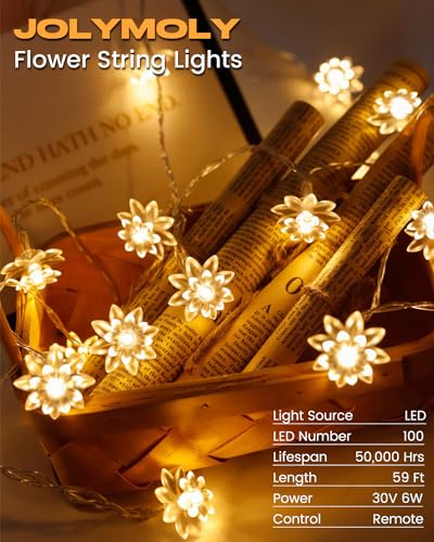 JOLYMOLY 59 Ft 100 LED Flower Fairy Lights with Remote Timer, Plug in Connectable Twinkle Lights with Soft Flowers for Bedroom Wedding Dorm Indoor Outdoor Decor, Warm White - color: Warm White