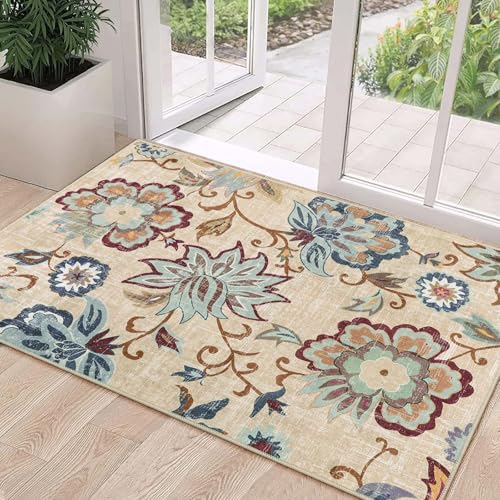 Beeiva Floral Washable 3x5 Area Rugs, Paisley Non Slip Rugs for Bedroom, Throw Ultra Thin Beige Carpet Entryway Carpets with Rubber Backing for Bathroom Kitchen Office - color: Cream, size: 3' x 5' (Rectangular)