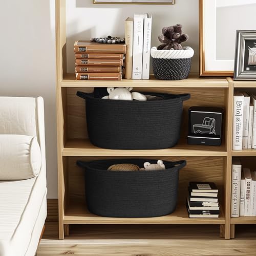 MEGASKET Black Woven Storage Basket, 17"x12"x8" Cotton Rope Baskets for Organizing Dog Toy, Gift, Book, Towel, Cloth, Shoe, Decorative Wicker Storage Bin for Shelves, Closet, Bathroom, Living Room - color: Black